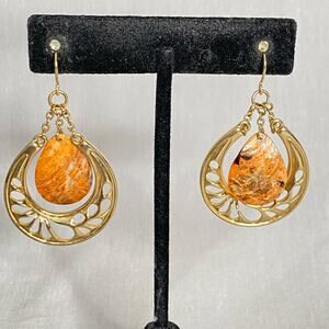 Open Work Dangle Drop Gold Tone Teardrop Earrings Central Orange Shell